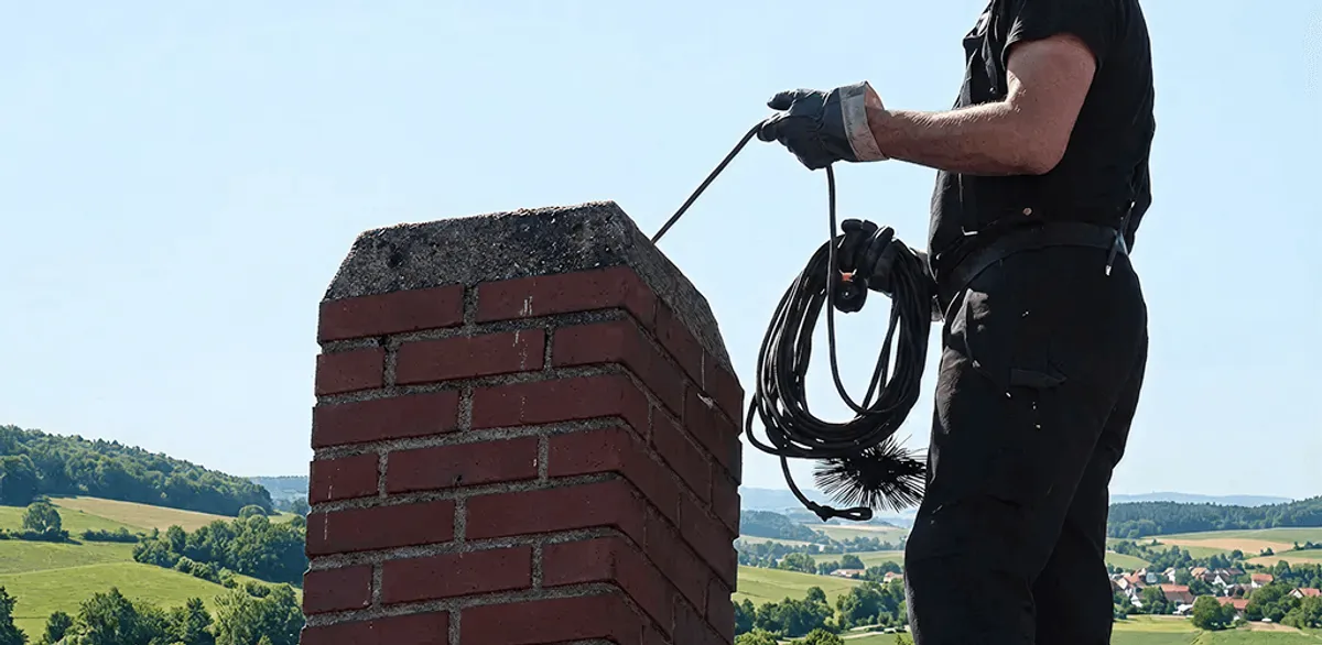 Chimney sweep inspecting and cleaning a rooftop chimney in Orlando, FL