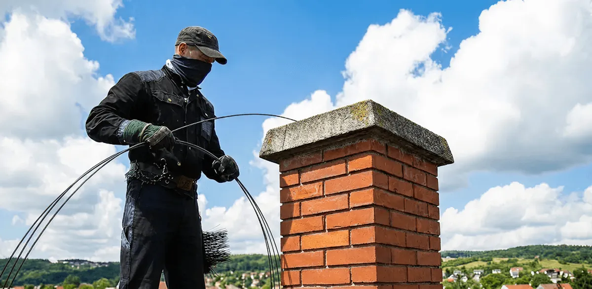 Chimney sweep cleaning a brick chimney with professional tools in Orlando, FL